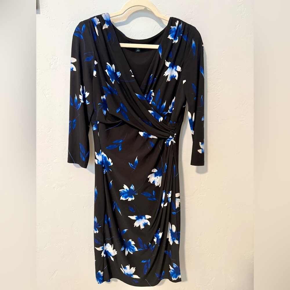 Ralph Lauren Floral Wrap Dress with Blue and White Floral Design Size 12